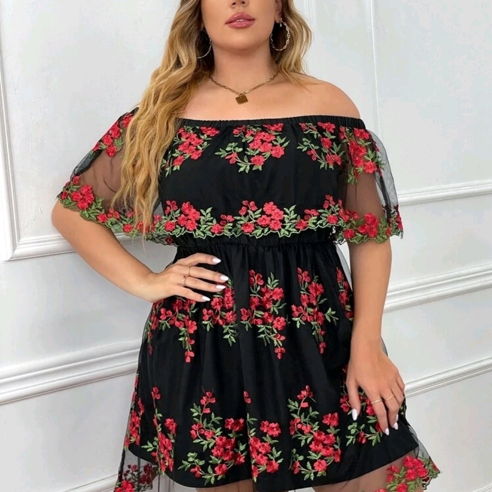 SHEIN Strapless Black Dress with Red Floral Embroidery